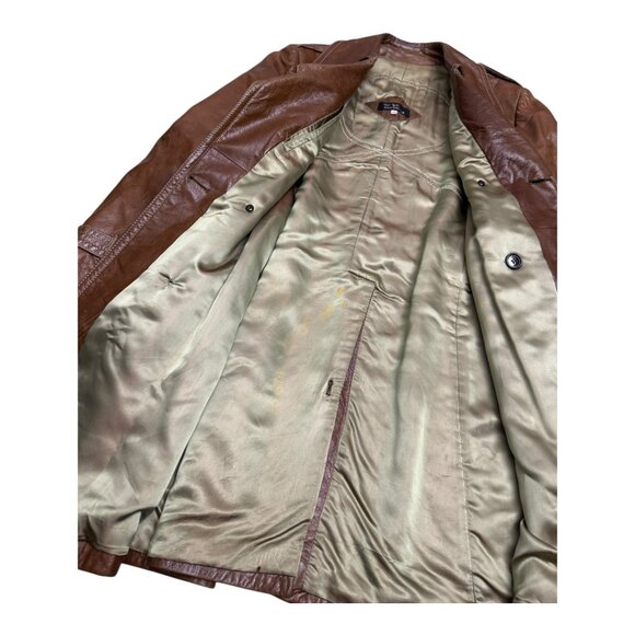 VINTAGE LEATHER Cortefiel Retro Long Luxury Leather Trench Coat Mens 42 - Picture 9 of 9